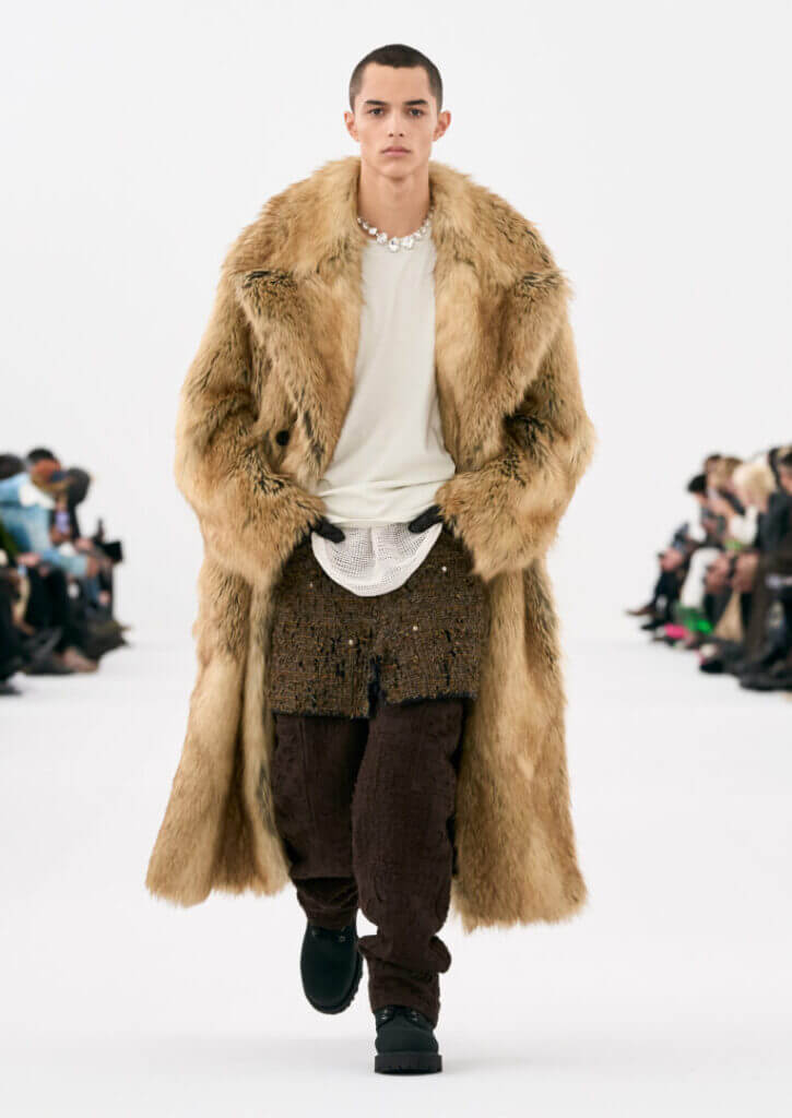 Givenchy FW23 runway look: shaggy camel coat