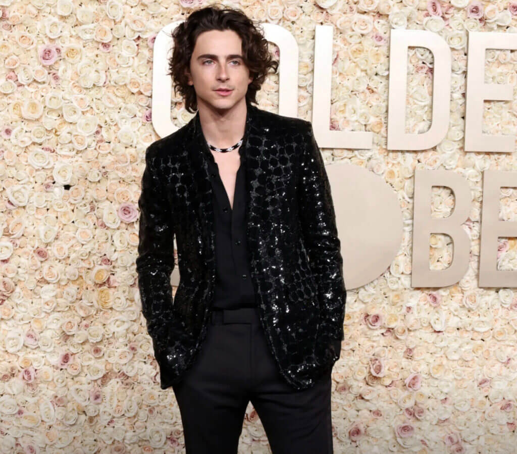Actor at the Golden Globes in a black embellished jacket