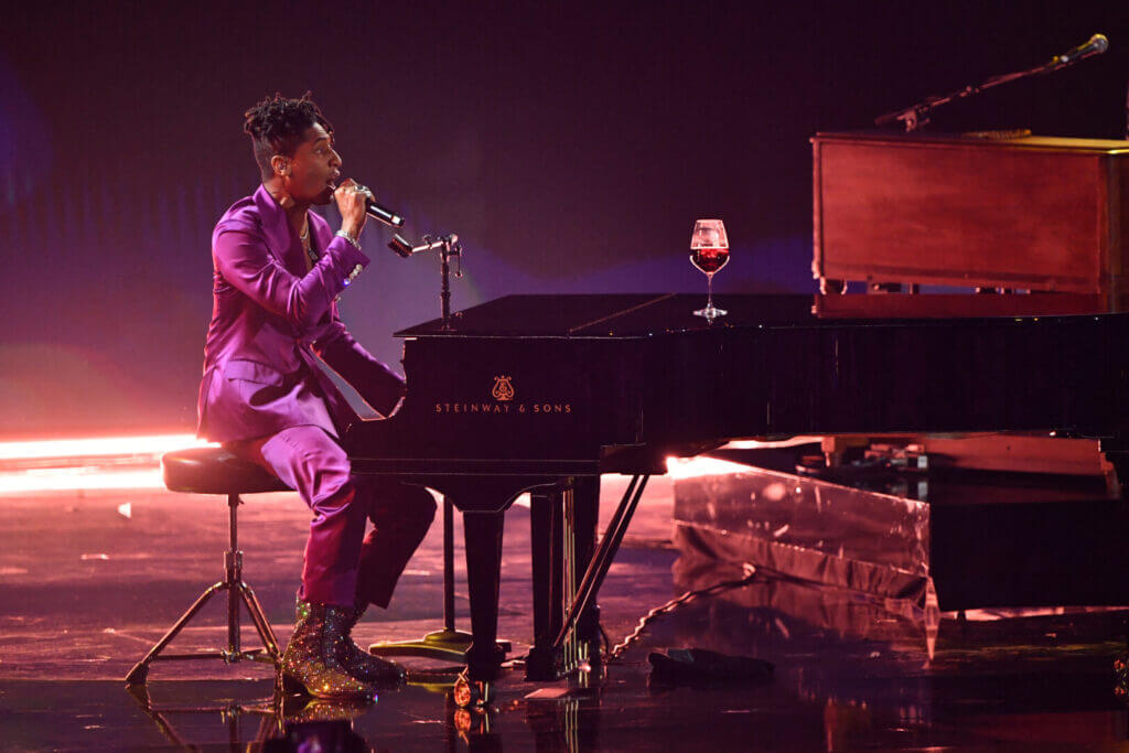 US singer Jon Batiste performs on stage during the 66th Annual Grammy Awards at the Crypto.com Arena in Los Angeles on