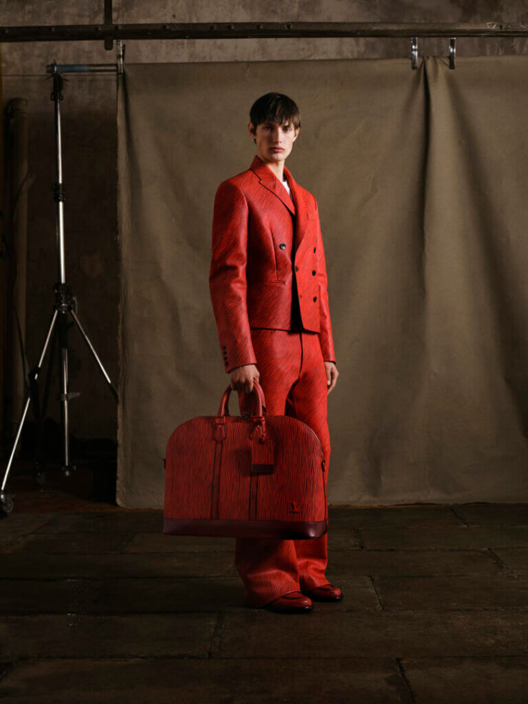 Model in an all-red outfit