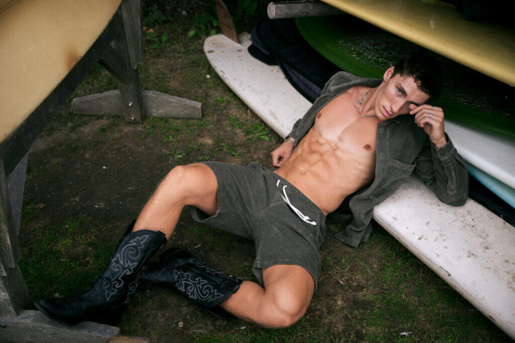 Model Cooper Sharp wears Adam Mar AW24 Collection . Image by Macrae Marran