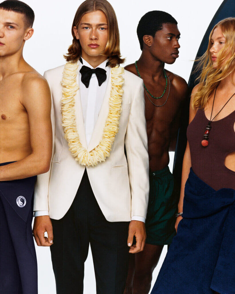 Fursac SS25 campaign: group in white tuxedos with leis