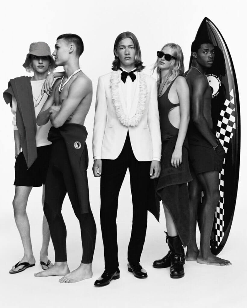 Fursac SS25 campaign: group with a surfboard, black and white