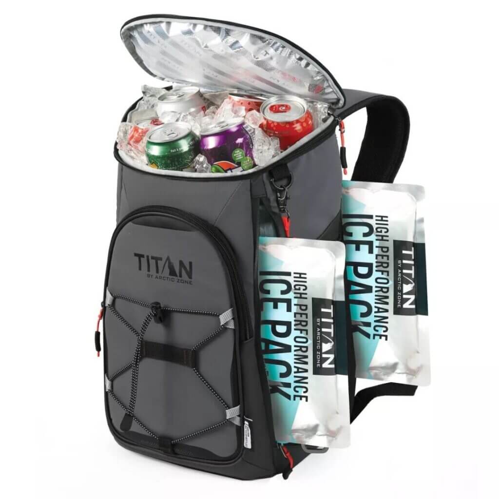 Open backpack cooler filled with drinks