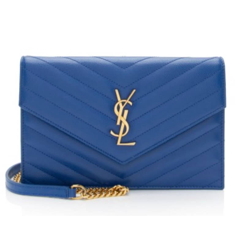 Blue quilted YSL wallet on chain