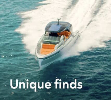 Speedboat on the water with the words Unique finds