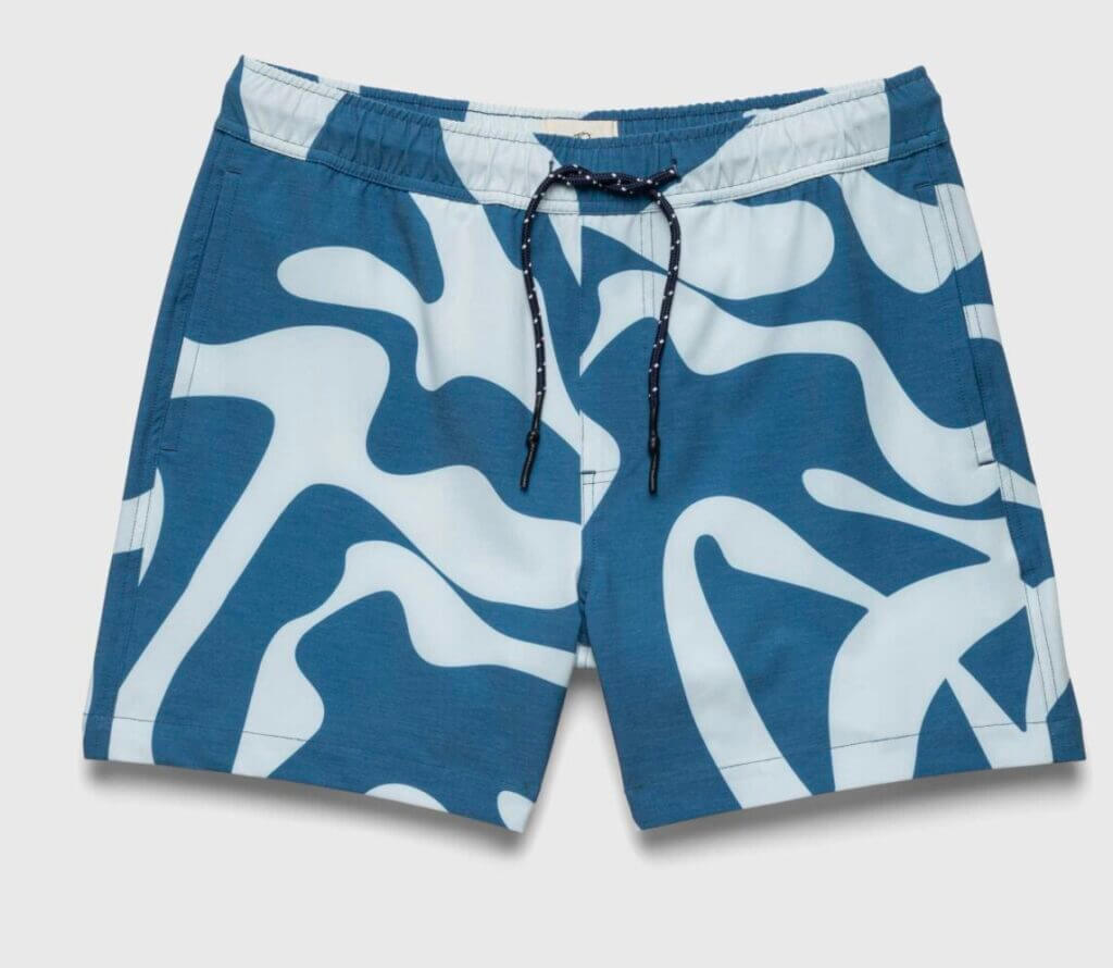 Blue and white wave print swim shorts