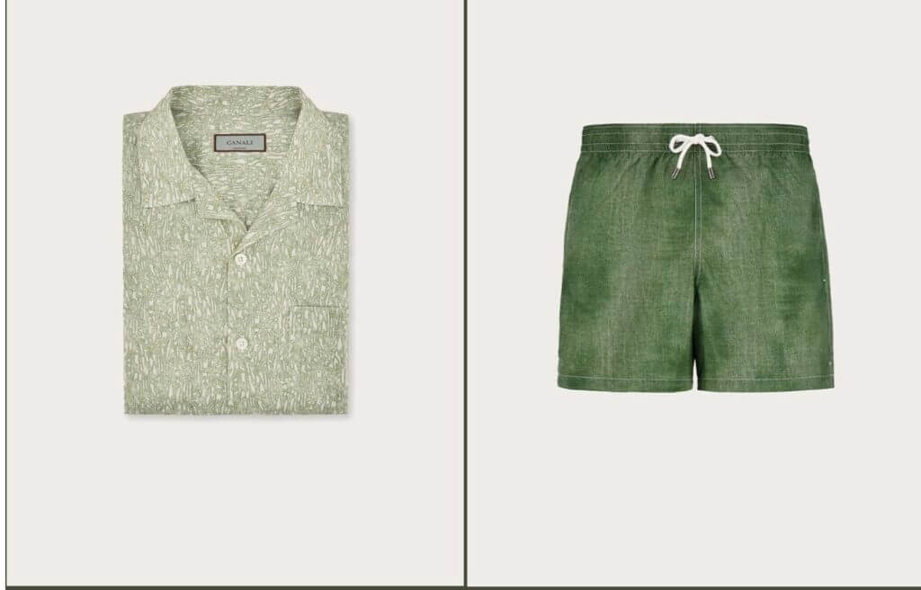Patterned shirt and green swim shorts