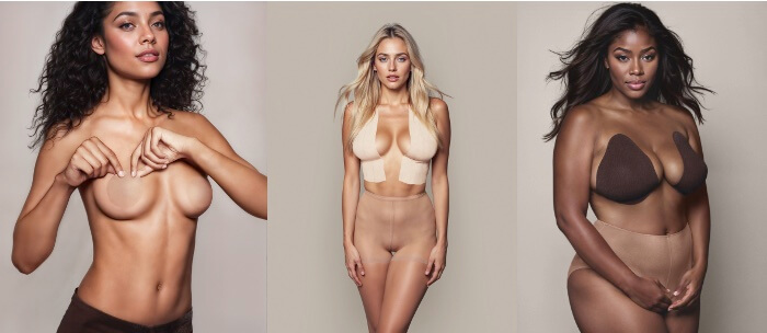 Three women in neutral lingerie