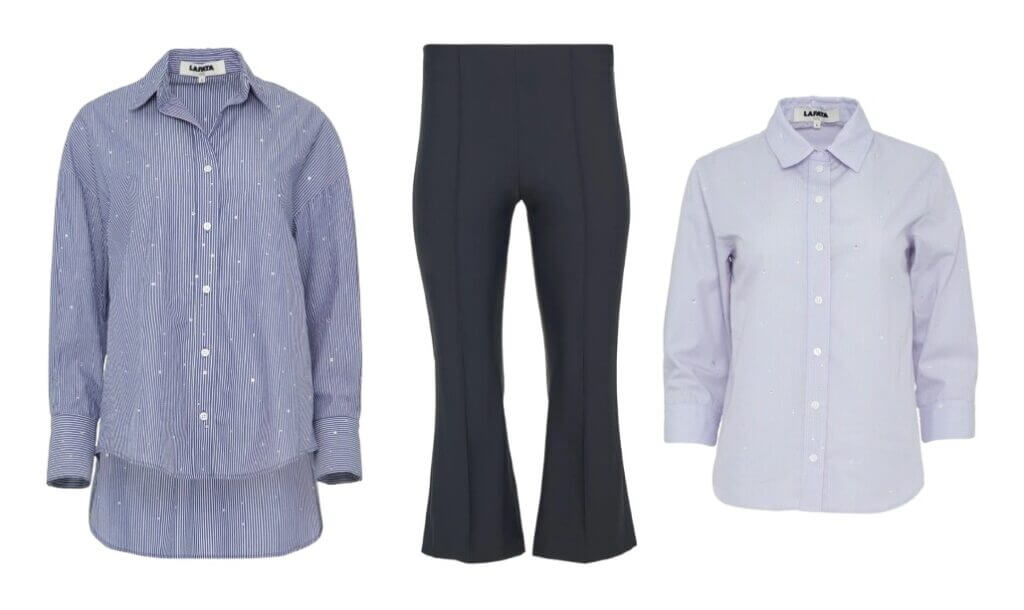 Frankie Crystal Stripe Shirt; 2. Scuba Pull on Flare Pant; 3. Twilo Crystal Stripe Shirt