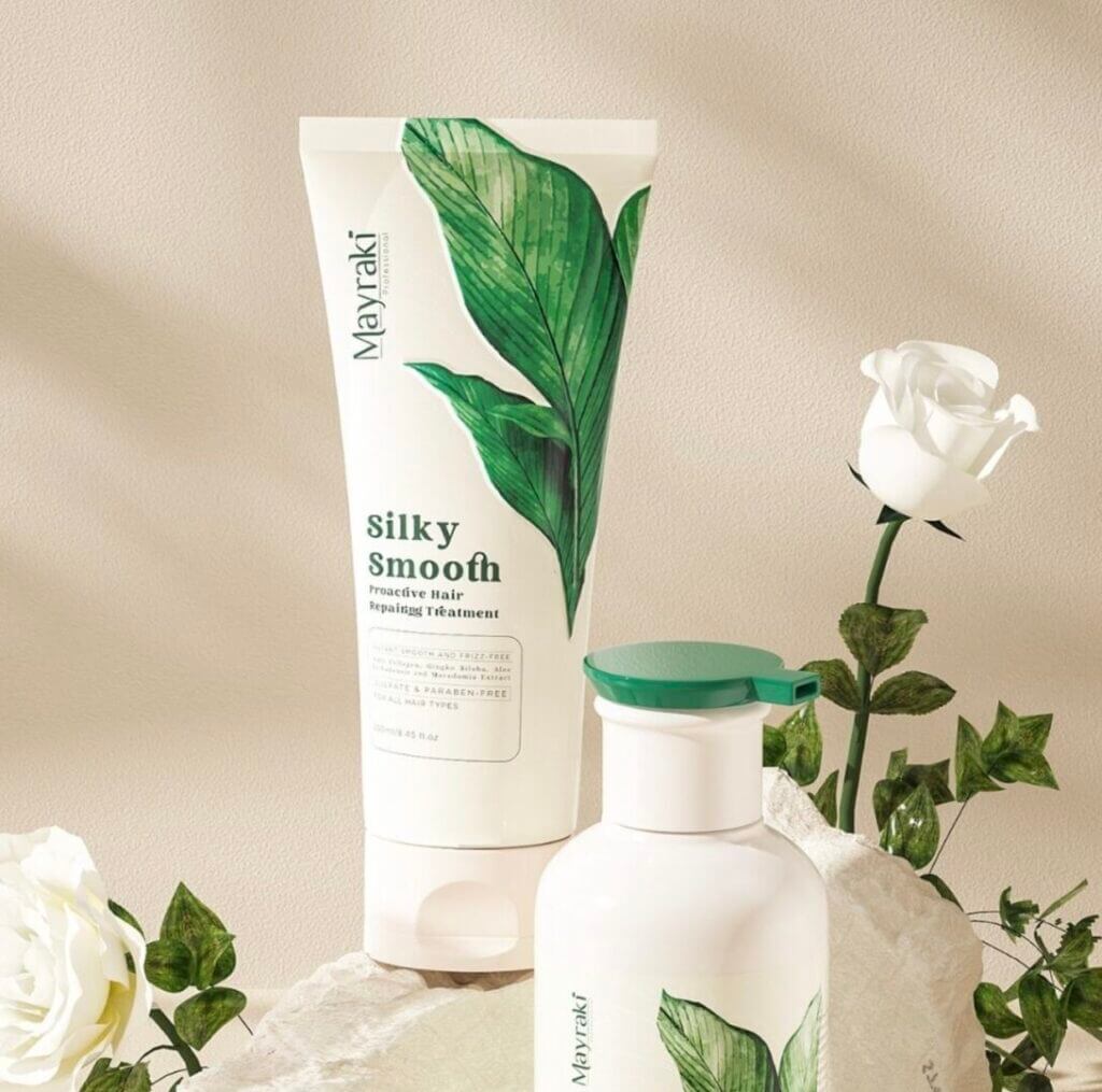 Skincare bottle with leaves and a rose