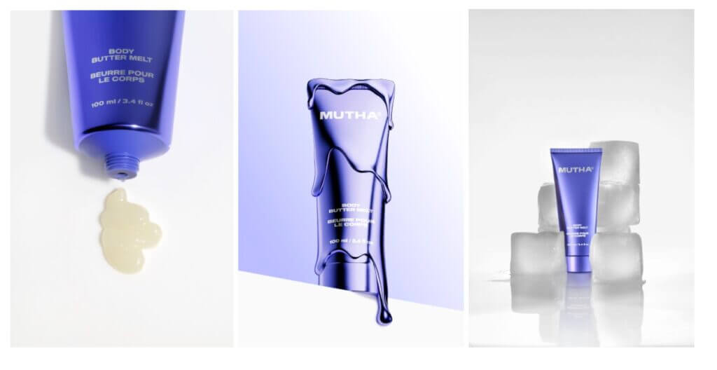 Blue skincare bottles and swatch