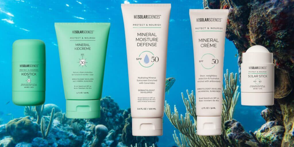 Sunscreen products against a sea background