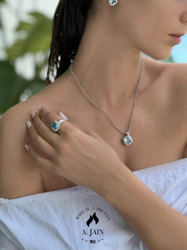 Woman wearing a ring and necklace