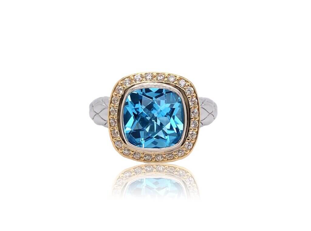 Blue topaz ring with diamonds