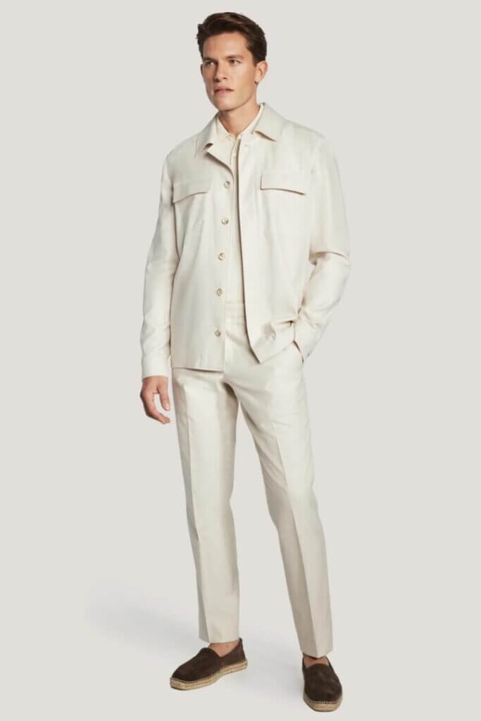 ACE THE COURTSIDE LOOK . Ecru Textured Knit Polo Ecru Shirt Jacket Off White Trouser