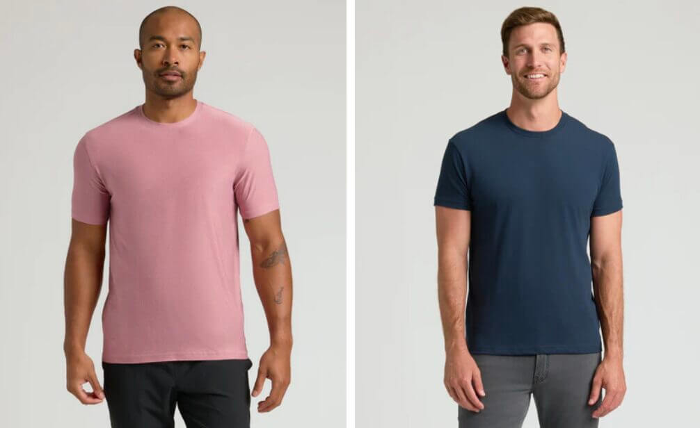 Man in pink and navy T-shirts