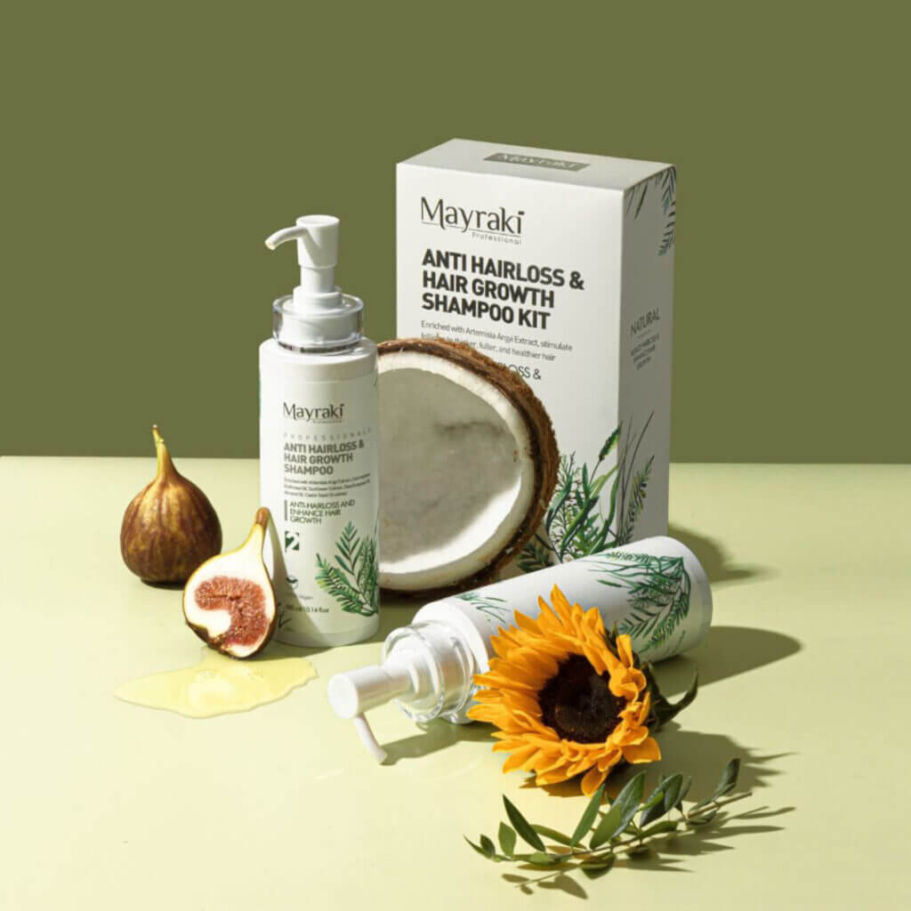 Skincare products with fruit and a sunflower, alternate shot