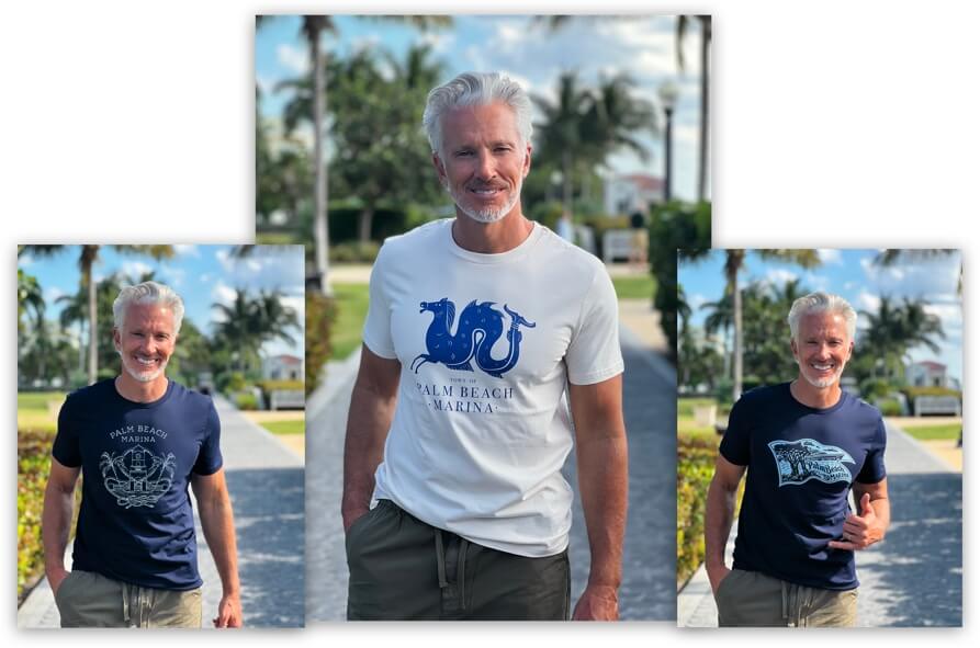 Collage of a man in casual tops at a marina