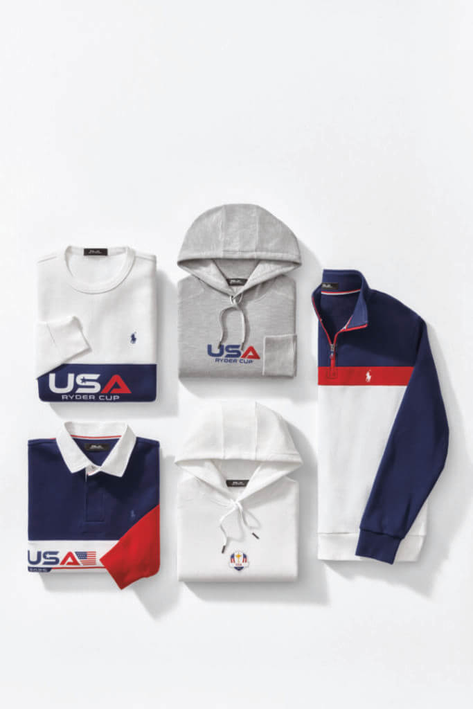 Collection of red, white and blue golf apparel