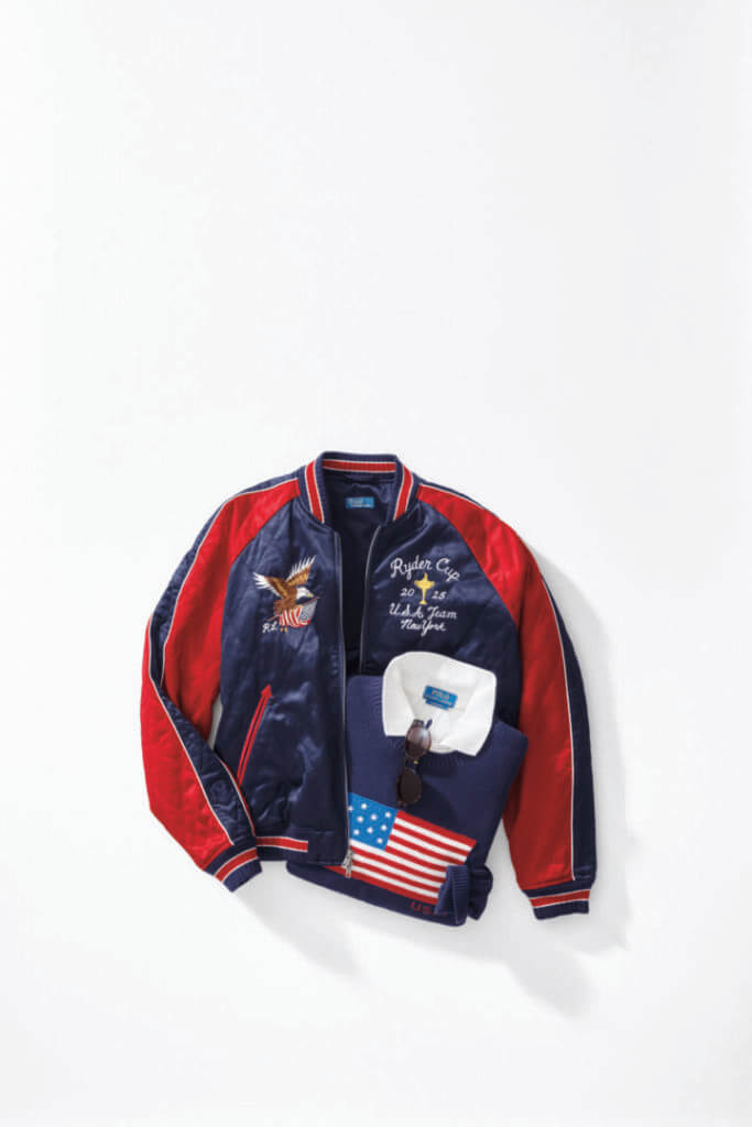 Navy varsity jacket with flag patches
